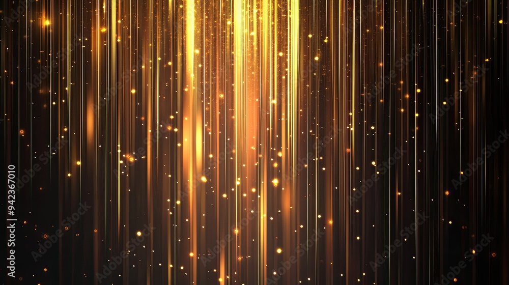 Poster glowing gold vertical lines against a dark background with subtle sparkles and elegant lighting effe