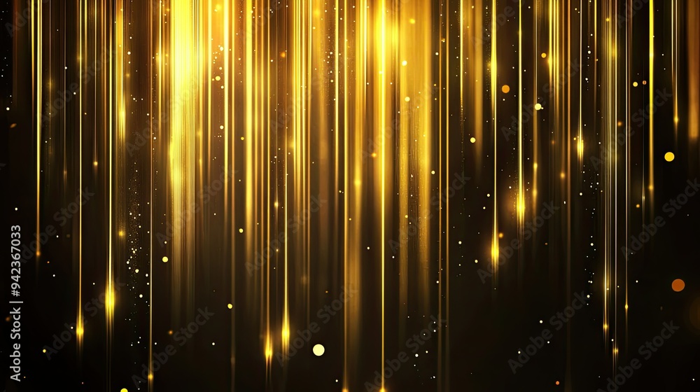 Poster glowing gold vertical lines against a dark background with subtle sparkles and elegant lighting effe
