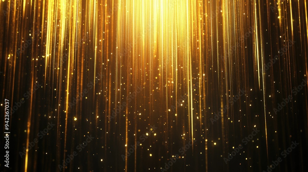 Poster glowing gold vertical lines against a dark background with subtle sparkles and elegant lighting effe