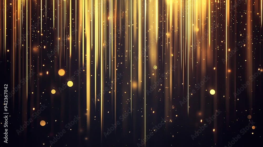 Poster glowing vertical gold lines on a dark background with shimmering light effects and subtle sparkles, 