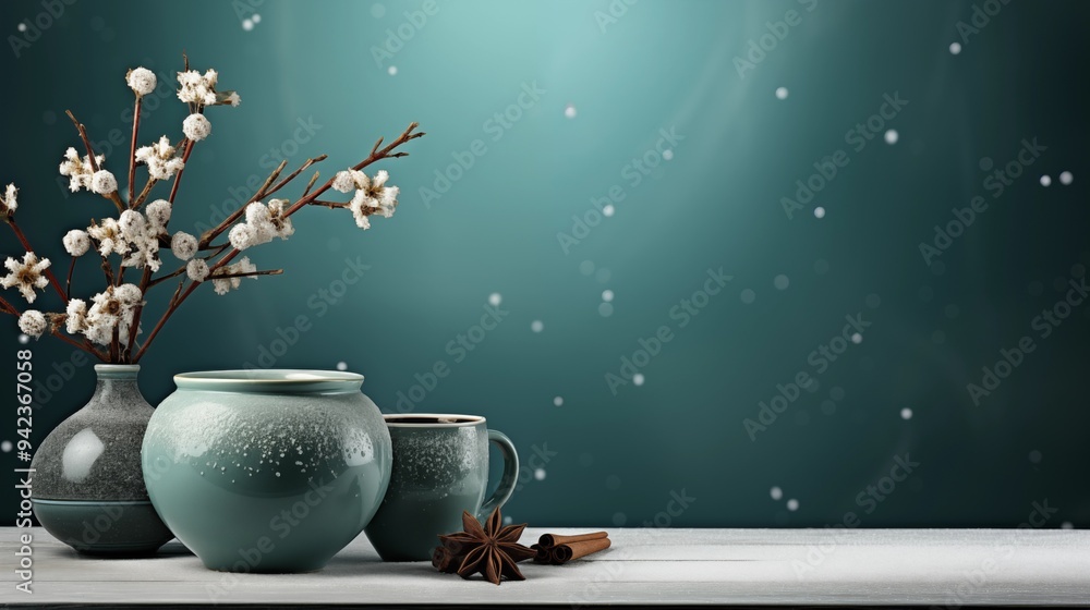 Wall mural Winter themed home decor with various holiday elements on a green background space for text