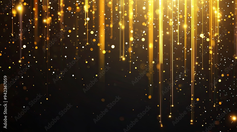 Poster glowing vertical gold lines on a dark background with shimmering light effects and subtle sparkles, 