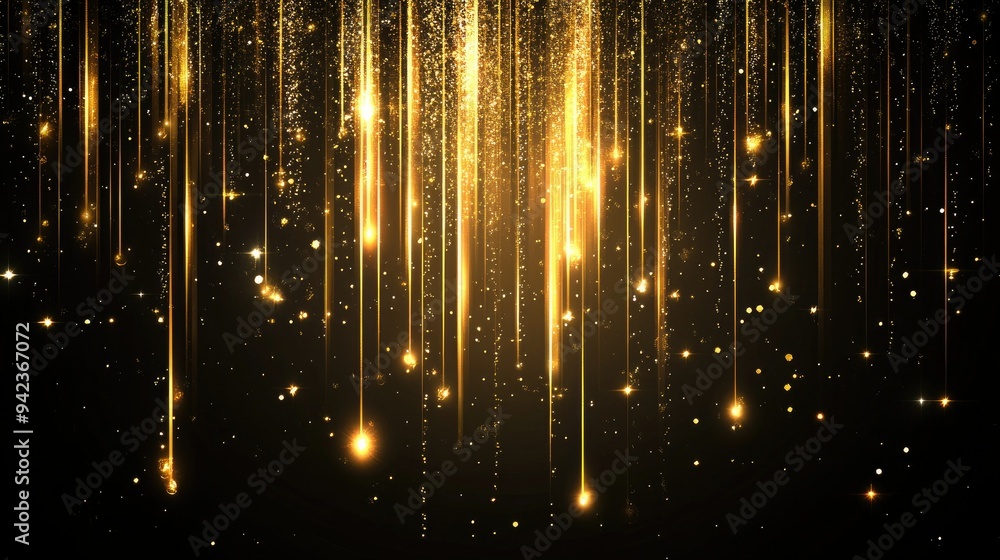 Poster glowing vertical gold lines with a radiant lighting effect, set on a dark background. sparkles and s