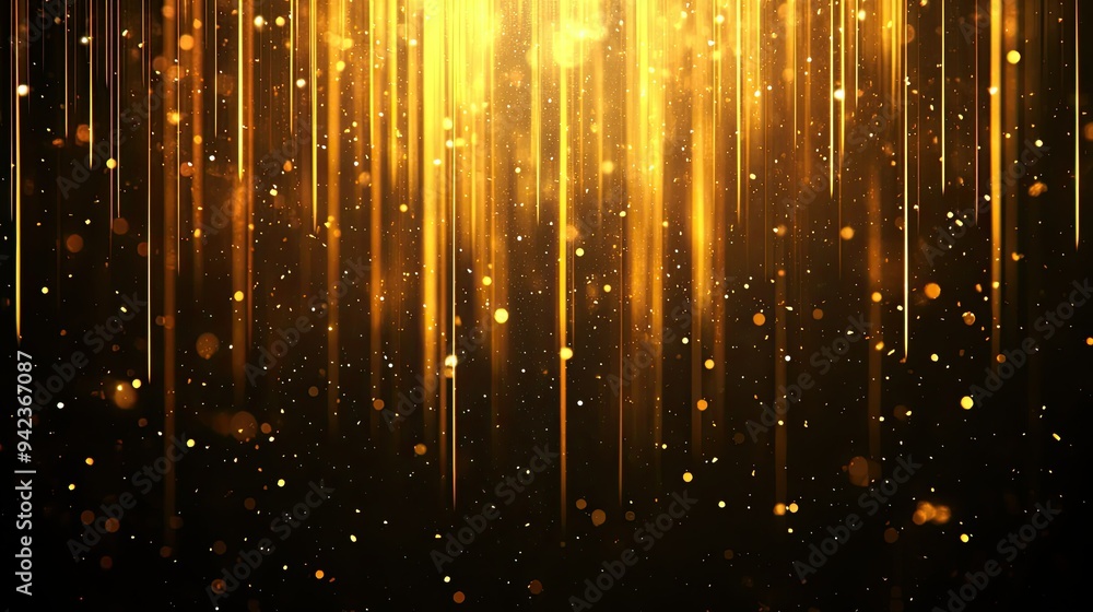 Fototapete glowing vertical gold lines with sparkling particles on a dark background, creating a luxurious and 