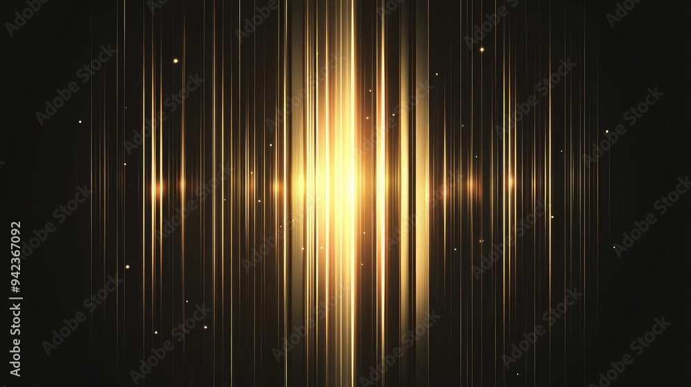 Poster glowing vertical gold lines with a radiant lighting effect, set on a dark background. sparkles and s