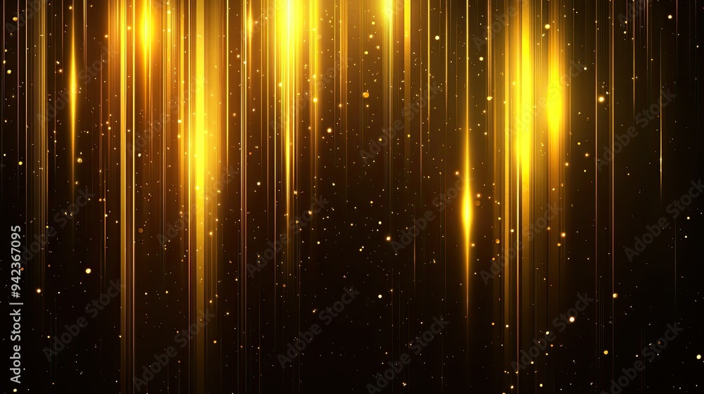 Poster glowing vertical gold lines with a radiant lighting effect, set on a dark background. sparkles and s