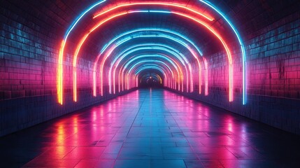 Vibrant pink and blue lights create an immersive and colorful atmosphere in a neon-lit tunnel.