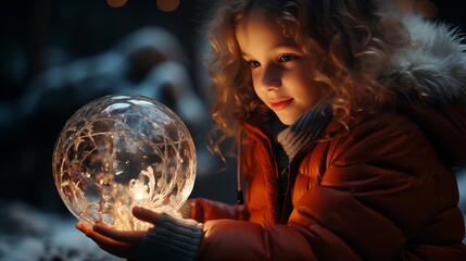 Naklejka premium wonder on a child's face as they unwrap a present to find a magical snow globe that transports them into a winter wonderland.