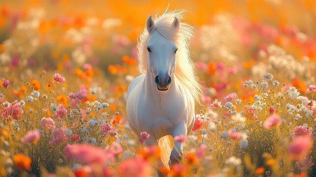 A vibrant flower field is trotted through by a purple unicorn horse, adding a magical touch to the landscape.