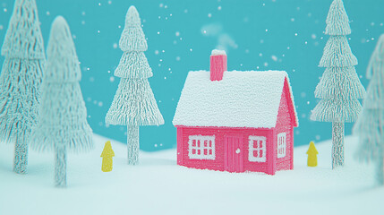 Obraz premium Snowy Winter Scene with a Bright Pink Cabin and Frosted Trees Against a Blue Sky