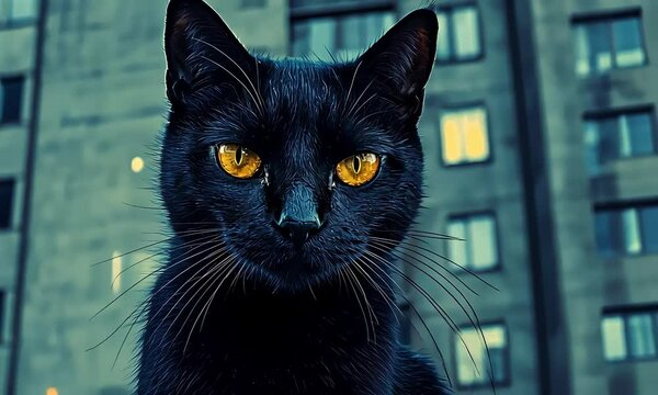 Black Cat with Piercing Eyes in Urban Setting with ai generated.
