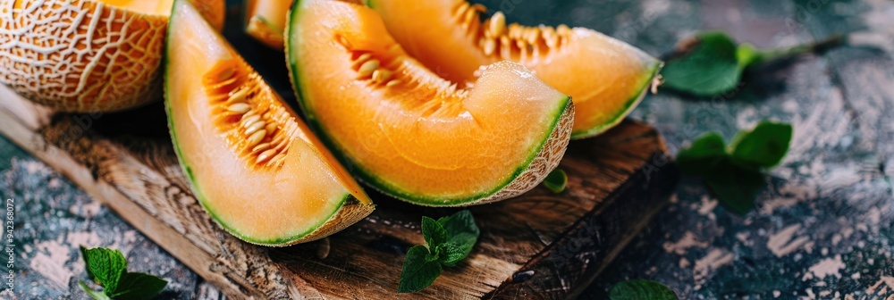 Sticker cut pieces of green cantaloupe on a cutting board