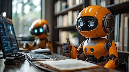 Approval or success is indicated by a robot standing in front of a desk, giving a thumbs-up gesture.