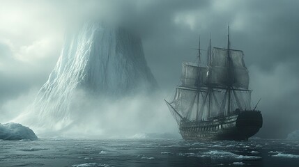 Obraz premium Trapped and illustrating the challenges and trials of life, a ship, lost at the pole and unable to avoid a collision with a massive iceberg, becomes trapped.