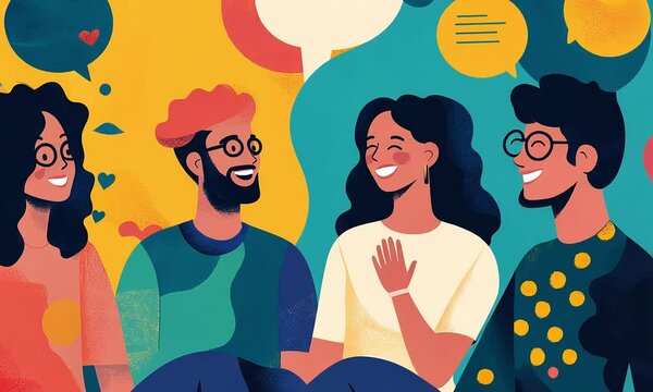Illustration of diverse friends in lively conversation with ai generated.
