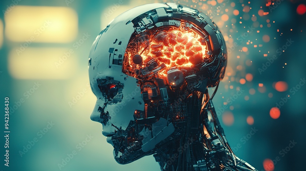 Poster overloaded cyborg with ai failures. artificial brain glitched and exploded. robot head destroyed. fu