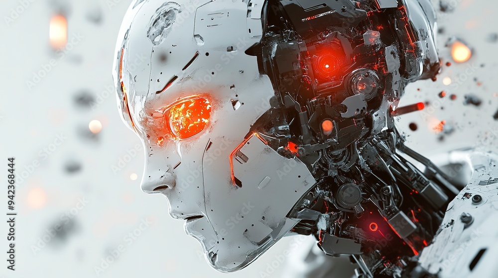 Poster overloaded cyborg with ai failures. artificial brain glitched and exploded. robot head destroyed. fu