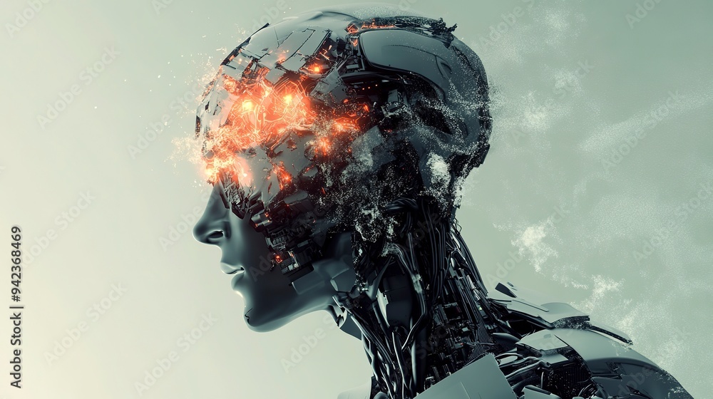 Poster overloaded cyborg with ai failures. artificial brain glitched and exploded. robot head destroyed. fu