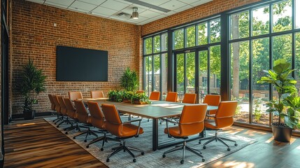 Fototapeta premium A spacious conference room features a long table surrounded by chairs.