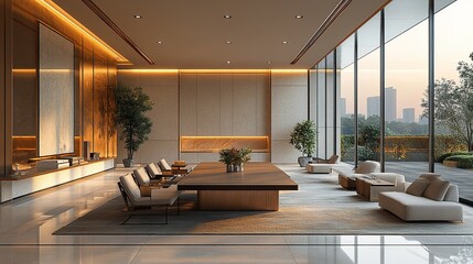 Naklejka premium A spacious conference room features a long table surrounded by chairs.