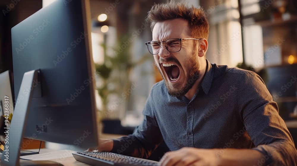 Poster an angry man shouting on a computer while working