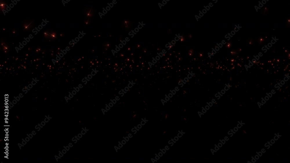 Poster abstract animation loop glow red stars particles flow up on black background. 4k 3d seamless looping