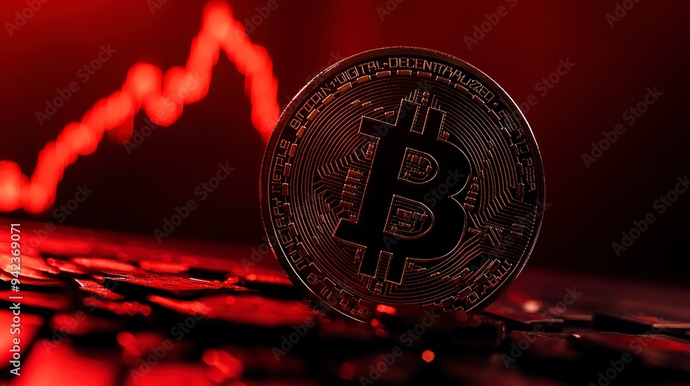 Aufkleber bitcoin cryptocurrency price value falling drop concept; bitcoin price down on red candle-stick char