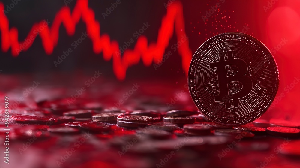 Poster bitcoin cryptocurrency price value falling drop concept; bitcoin price down on red candle-stick char