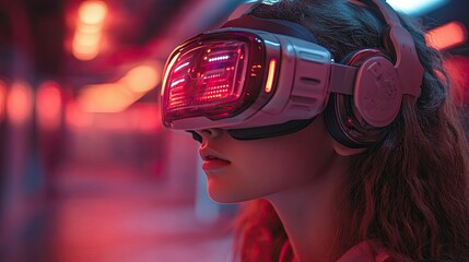 Engaged in an immersive game, a teenager wearing VR goggles explores a futuristic cyber world filled with innovation and technology.