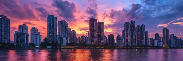 Fototapeta premium Modern skyscrapers and urban landscape along the riverbank bathed in sunset light.