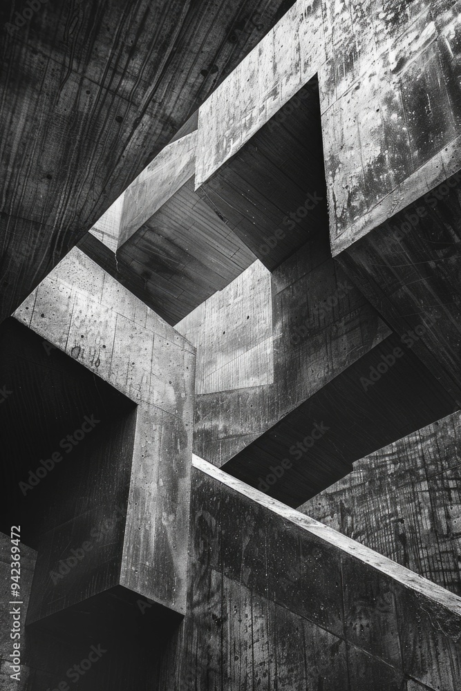 Poster a black and white photo of a concrete structure with intricate details