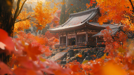 Serene Temple Amidst Vivid Autumn Leaves