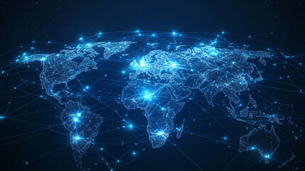 Fototapeta premium Abstract world map, concept of global network and connectivity, international data transfer and cyber technology, worldwide business, information exchange and telecommunication