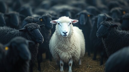 Amidst a herd of black sheep, a white sheep stands prominently, representing leadership and individuality.