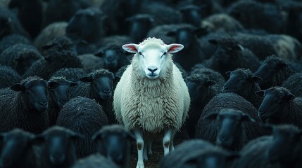 Amidst a herd of black sheep, a white sheep stands prominently, representing leadership and individuality.