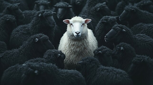 Amidst a herd of black sheep, a white sheep stands prominently, representing leadership and individuality.