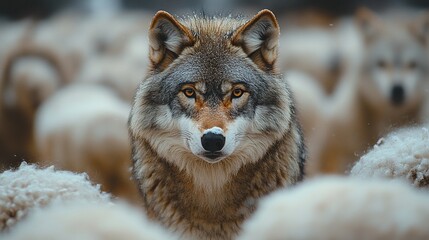 Obraz premium A wolf discreetly mingles among sheep, poised for action, representing hidden dangers and distinctive identity.