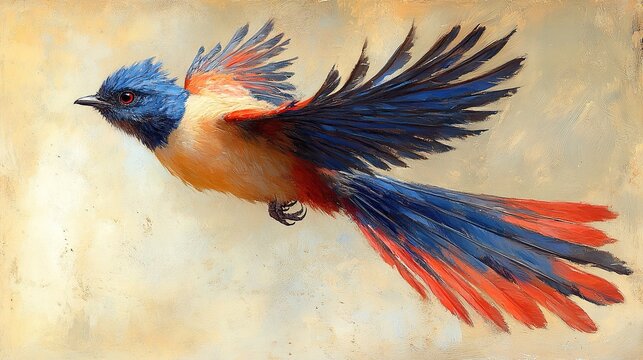 A bird with blue plumage and red-tipped wings flies gracefully, displaying its striking colors.