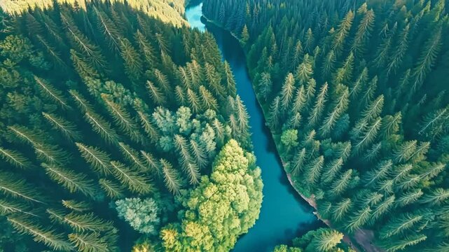 gorgeous aerial view of conifer forest with fog drifting around at morning time with sunrise light,	
