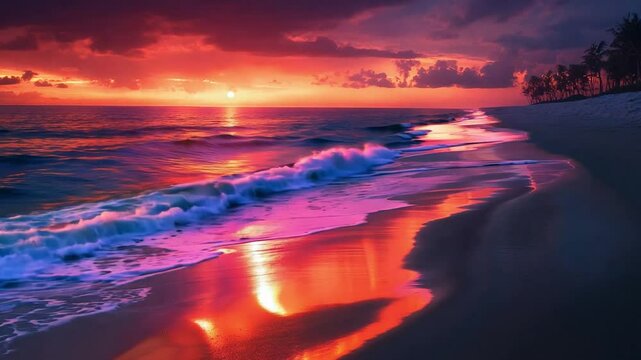 The sun sets over a serene beach, casting beautiful purple reflections on gentle waves under a colorful sky.