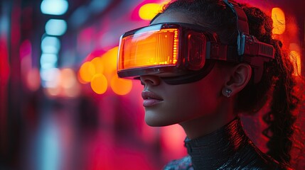 Dressed in a futuristic outfit and goggles, a woman explores a high-tech setting, symbolizing advanced technological exploration.
