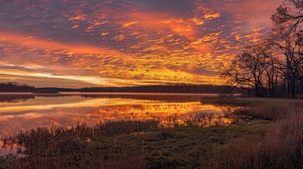 Obraz premium Sunrise paints the eastern sky with hues of orange and gold, awakening the world.