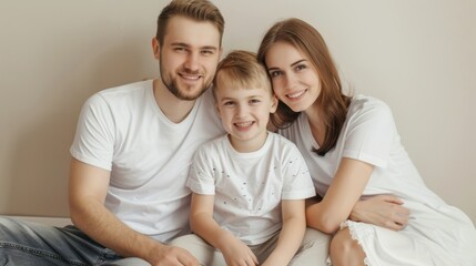 Fototapeta premium Relationship concept. Smiling young family in white t-shirts hugging and having fun while sitting on the floor and looking at camera