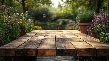 Naklejka premium A wooden table set in a spring garden serves as an elegant display for products.