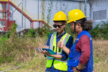 two Asian construction workers are looking at a report while surveying a construction site, hardworking, construction work concept.