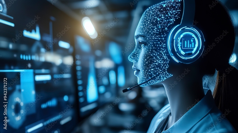 Poster ai-driven customer service solutions with a modern image of a virtual assistant chatbot interacting 