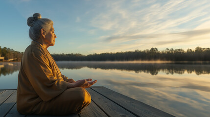 Fototapeta premium An old Chinese woman meditating on the edge of a lake at sunset, with a serene water landscape in the background
