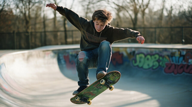 A boy is joyfully jumping on a skateboard at a park on a sunny summer day, with freedom