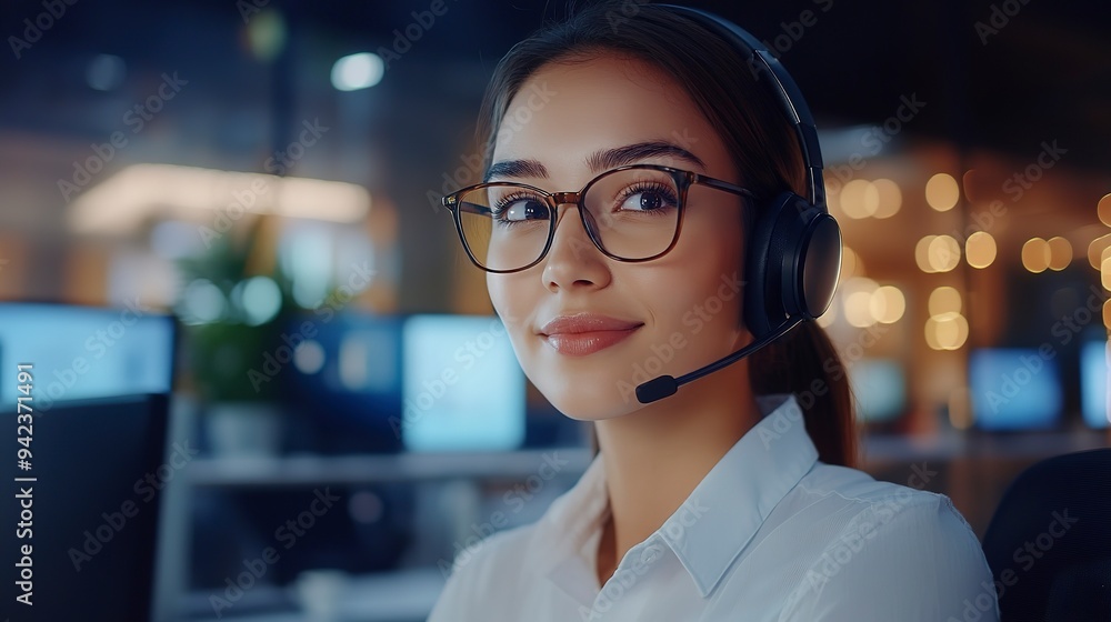 Poster friendly and attentive agent wearing a professional headset, focused on resolving customer issues in