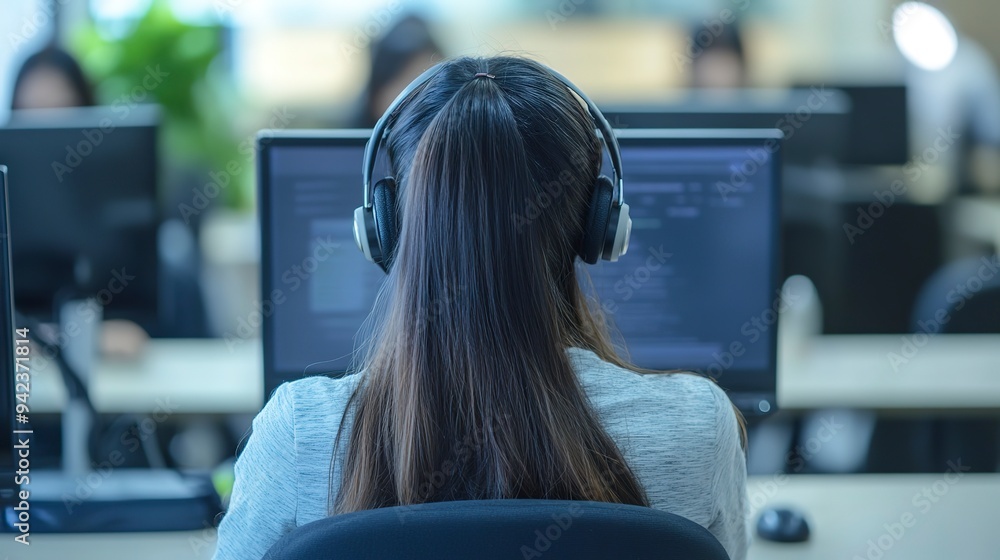 Poster happy smiling operator asian woman customer service agent with headsets working on computer in a cal
